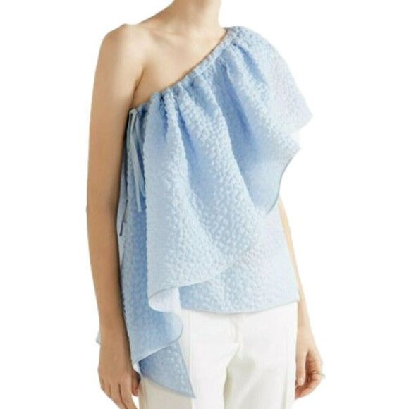 ROSIE ASSOULIN Blue Wedge One-Shoulder Ruffled Seersucker Blouse Womens Size M